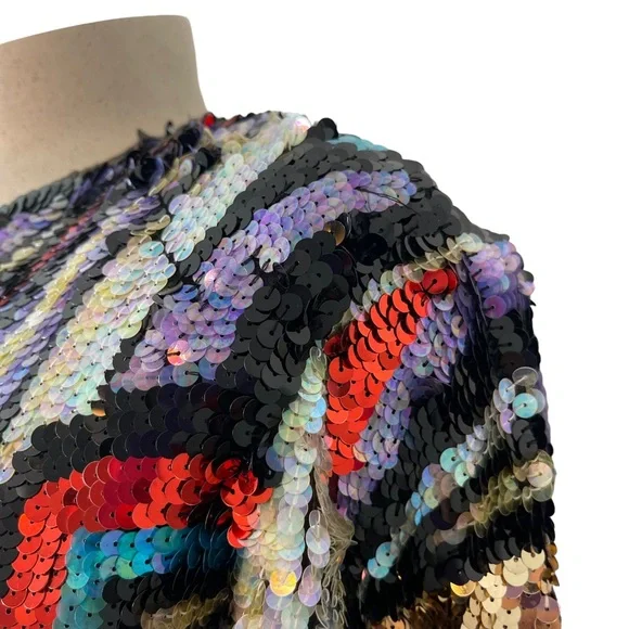 Vintage Multicolored Geometric Print Sequin Long Sleeve Blouse Peony and Phoenix - Picture 3 of 10